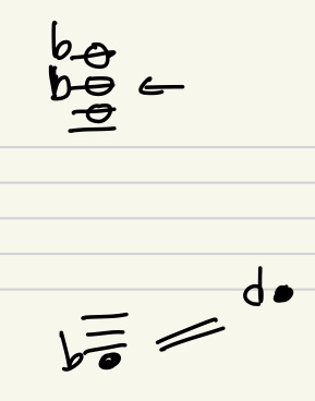 image of a treble clef staff, with a low Eb to E flat trill, and high harmonics A, Eb, Gb, and an arrow pointing to the Eb