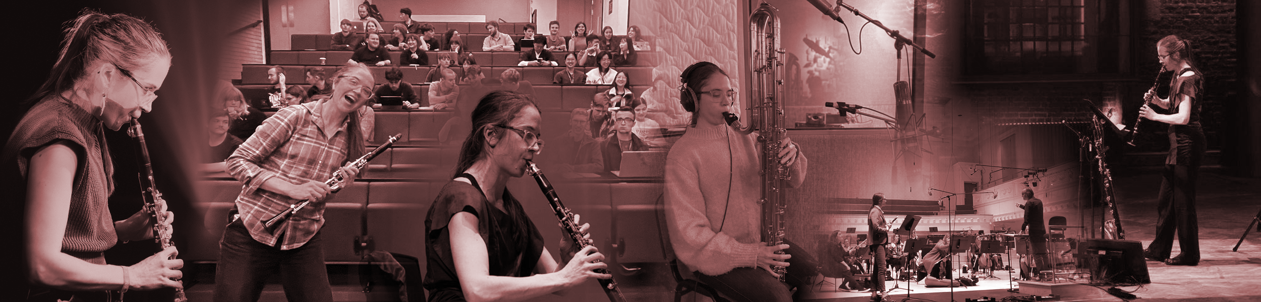 Various photos of Heather Roche playing the clarinet in different performative and educational contexts